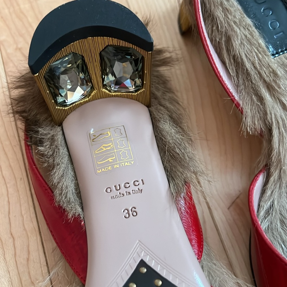 GUCCI EEL LEATHER Rabbit Hair Rhinestone Gold Heal Size 36 - Picture 3 of 4